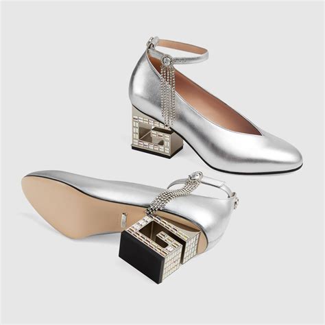 silver metalic leather gucci g heel|Gucci high heel pumps.